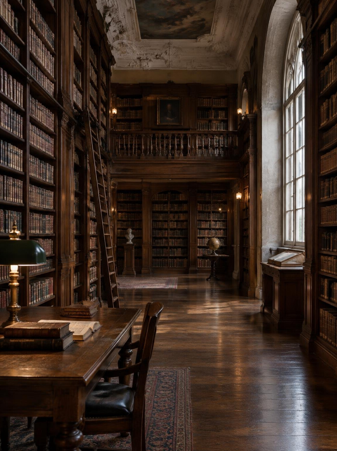 Quiet reading room of a historic library with tall wooden shelves