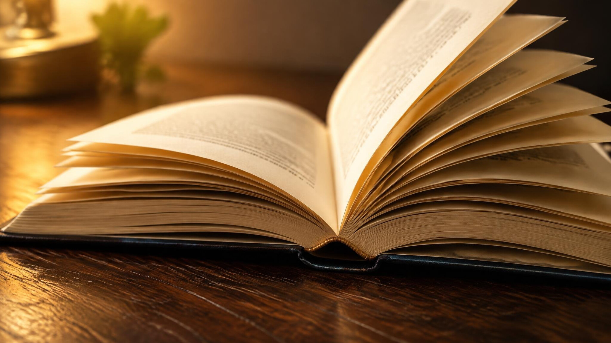Open book with pages fanned out in warm light