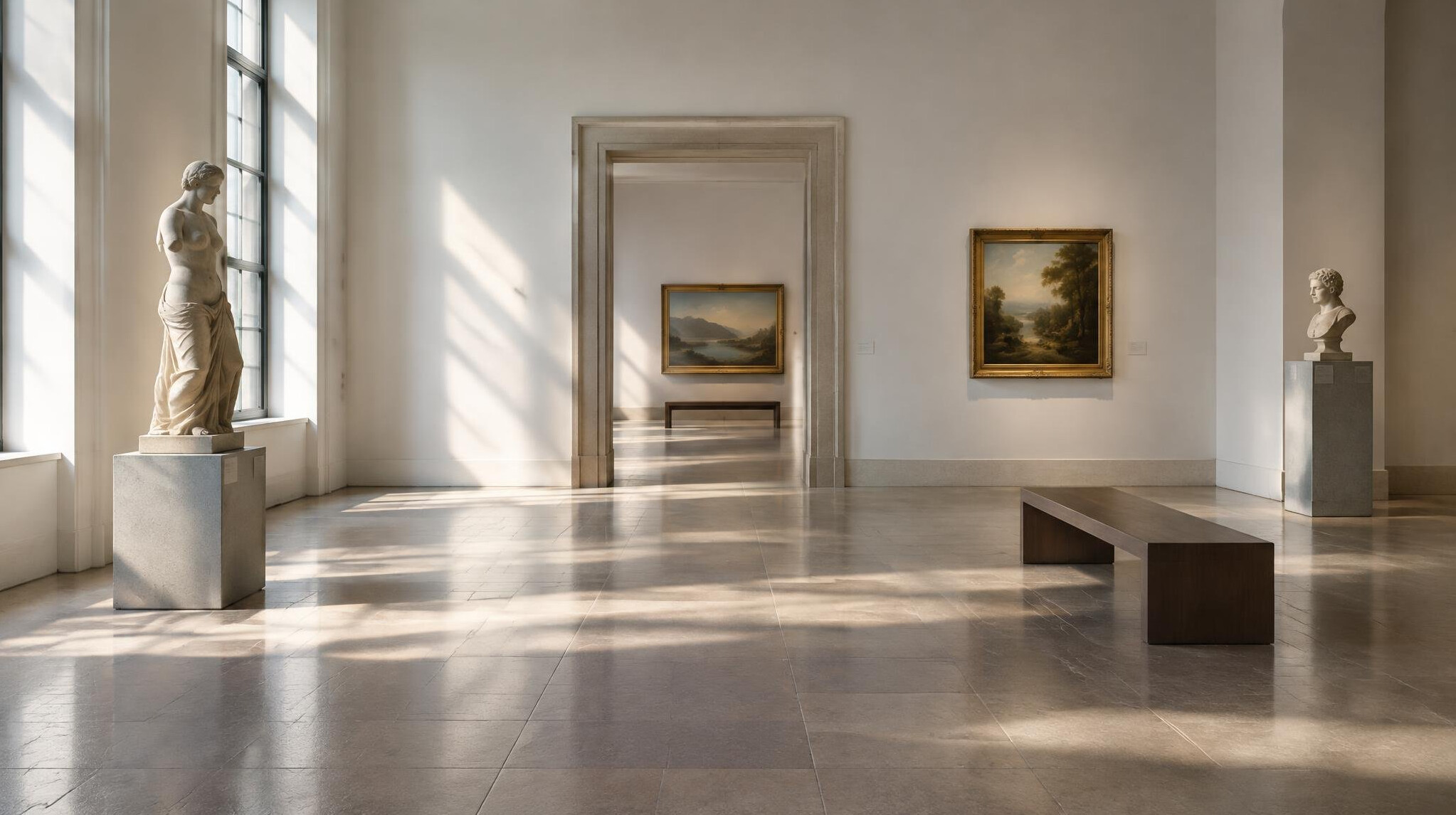 Museum interior with light falling on a stone floor